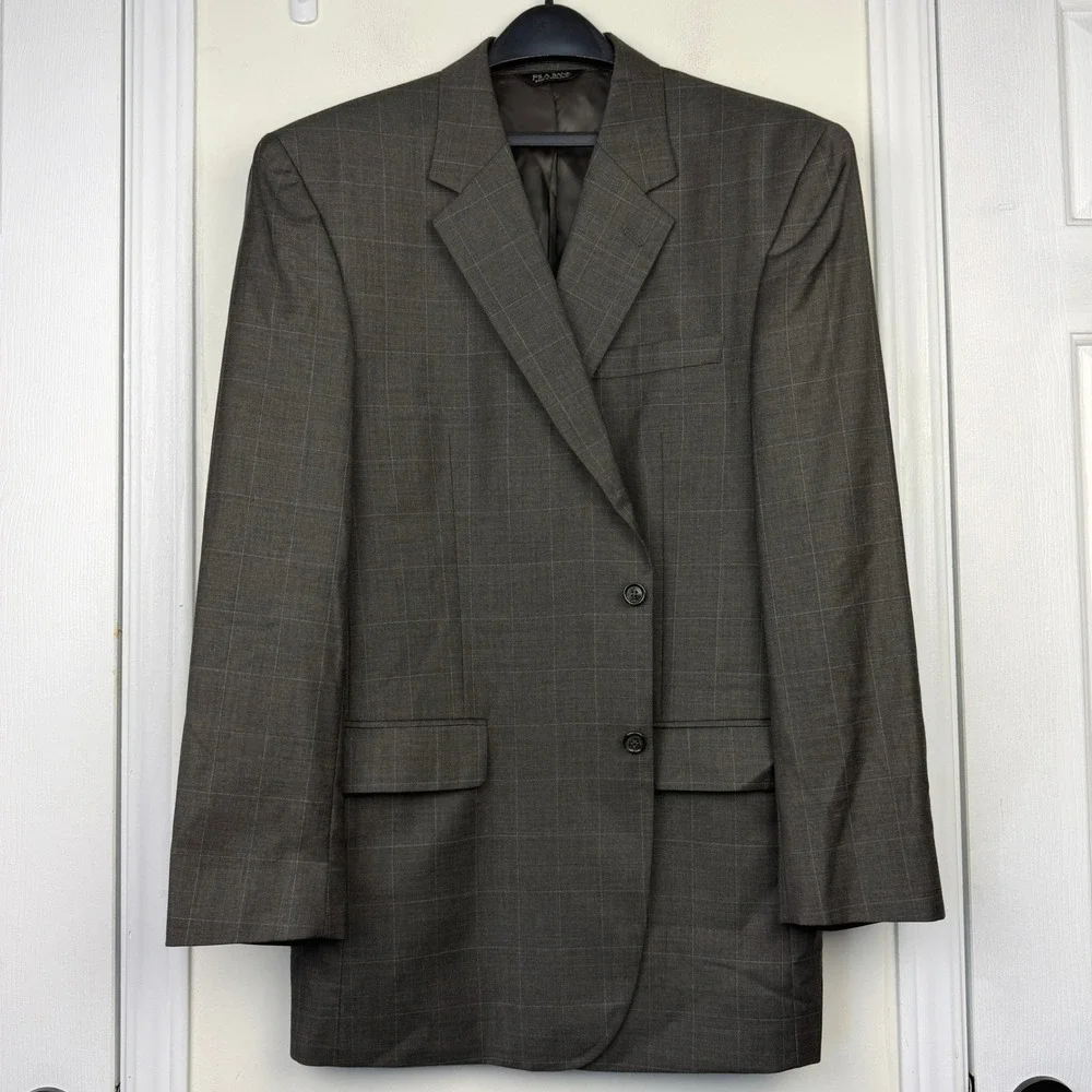 Jos. A. Bank 2-Piece Suit Mens 46L 37x31 100% Wool WINDOWPANE Charcoal Grey